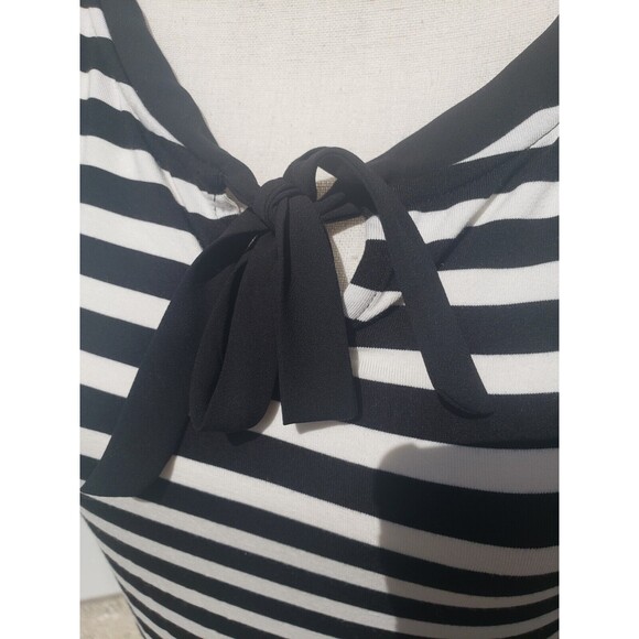 TALBOTS Knit Top Short Sleeve Stretchy Soft Bow Detail Black Striped Size XS - Picture 2 of 9